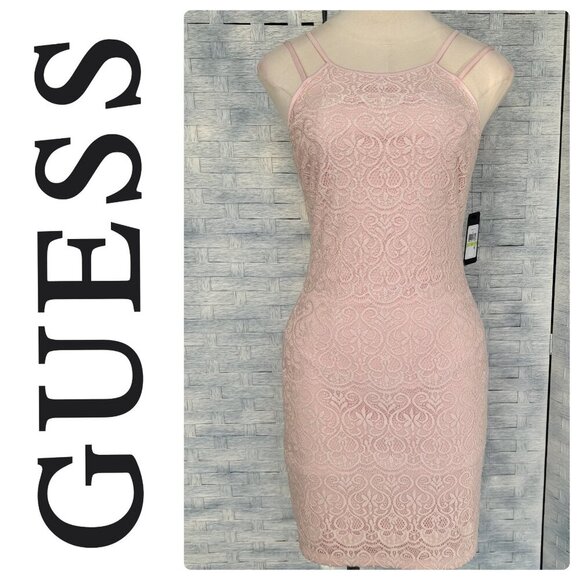 Guess Lace Mini Dress Spaghetti Strap Zipper‎ Eye Hook Closure Blush sz 4 - Picture 1 of 7